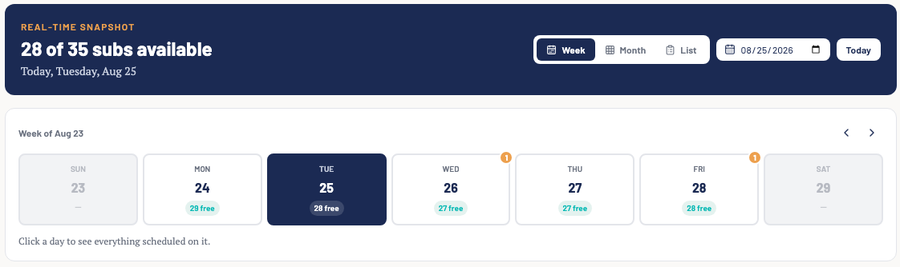 SubMe's admin dashboard showing real-time substitute availability across the week